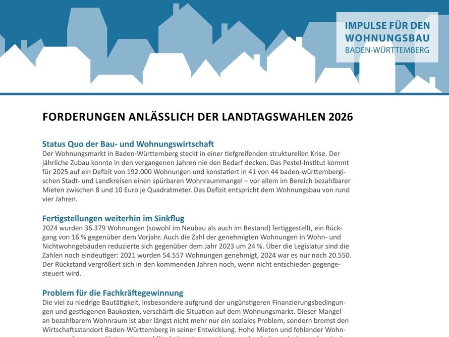Impulse für den Wohnungsbau Baden-Württemberg | politische Forderungen zur Landtagswahl 2026